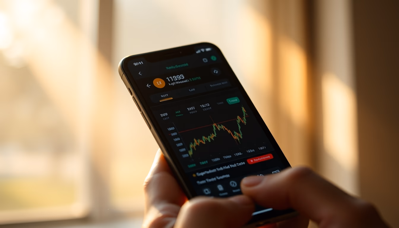 Crypto exchange UI on smartphone showing trading pair em estilo editorial