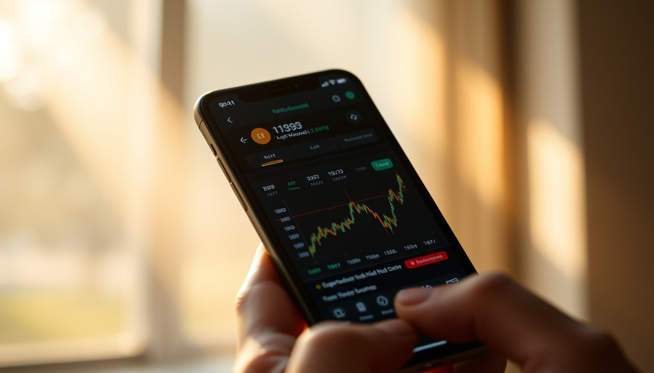 Crypto exchange UI on smartphone showing trading pair em estilo editorial