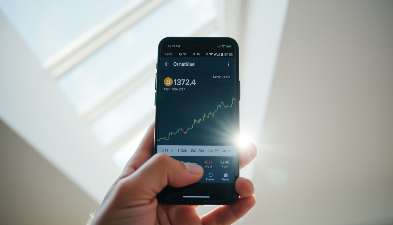 Crypto exchange UI on smartphone showing trading pair em estilo editorial