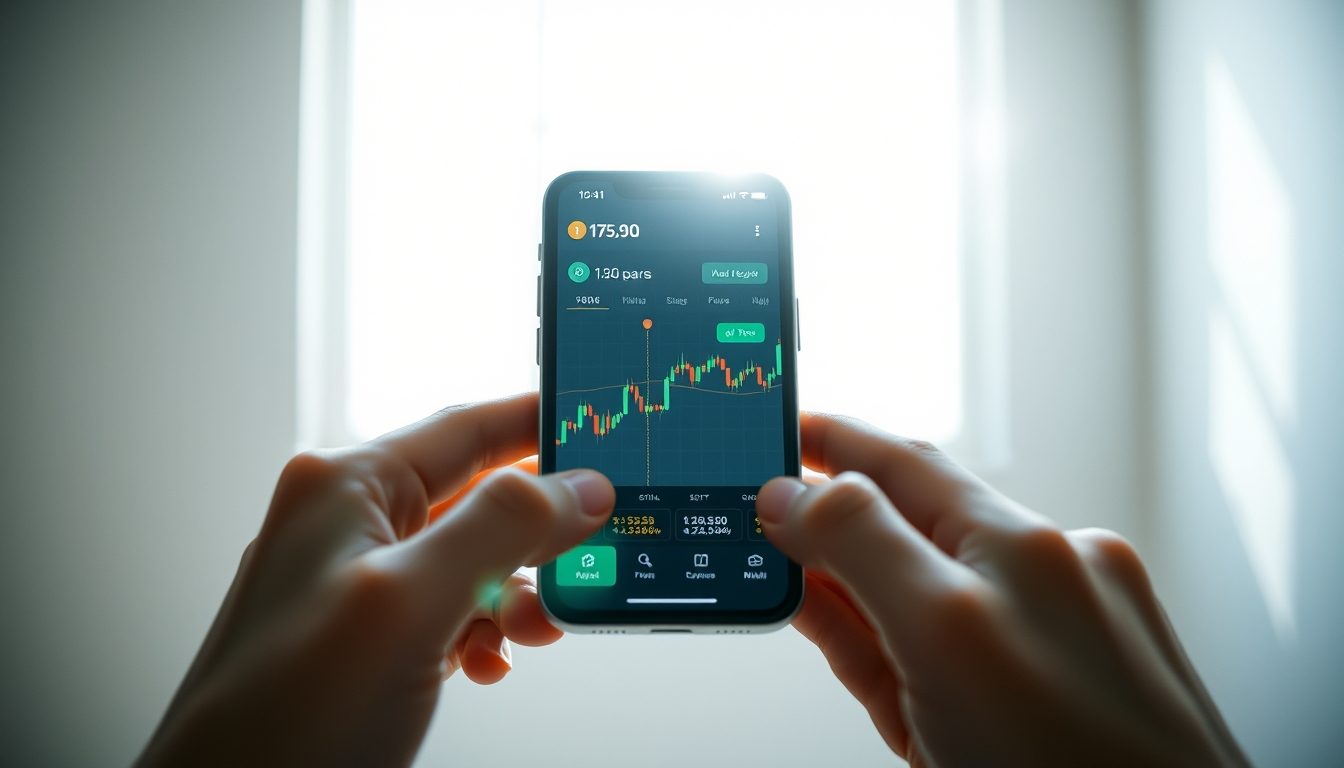 Crypto exchange UI on smartphone showing trading pair em estilo editorial