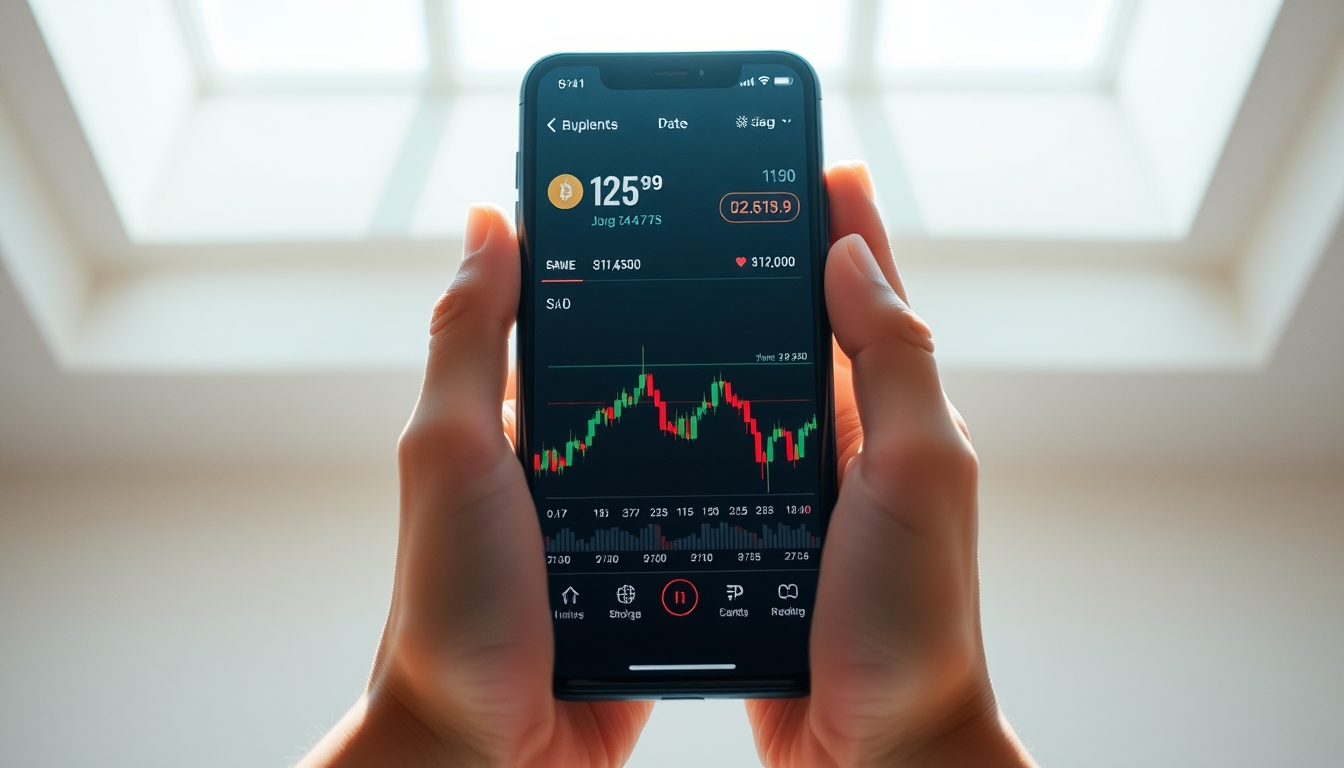 Crypto exchange UI on smartphone showing trading pair em estilo editorial