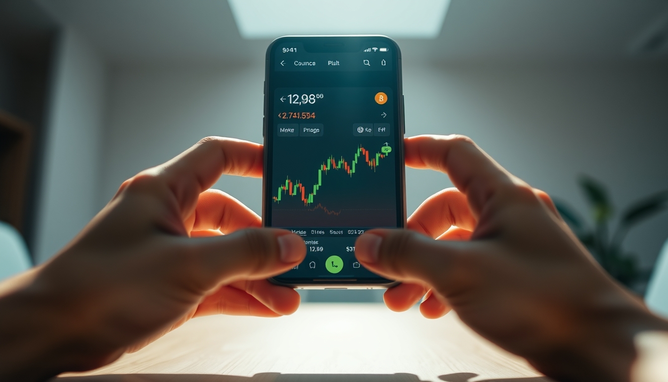 Crypto exchange UI on smartphone showing trading pair em estilo editorial