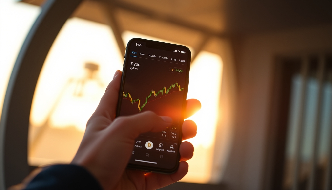 Crypto exchange UI on smartphone showing trading pair em estilo editorial