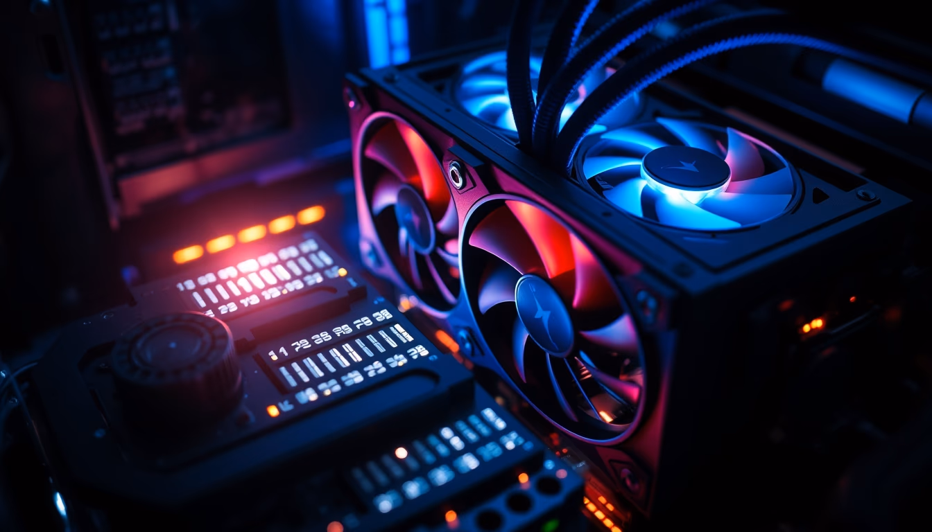 crypto mining rig with cooling fans macro in editorial style