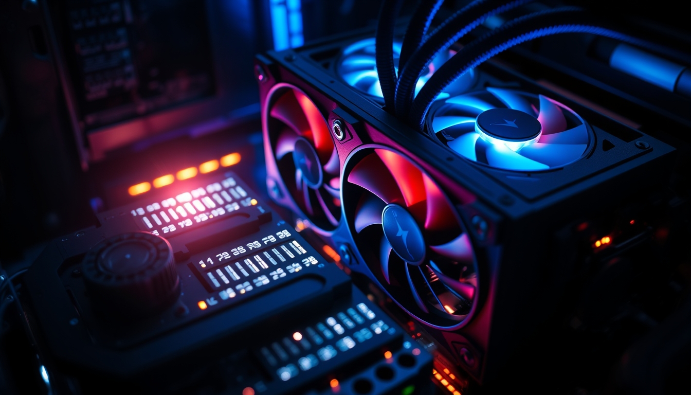 crypto mining rig with cooling fans macro in editorial style