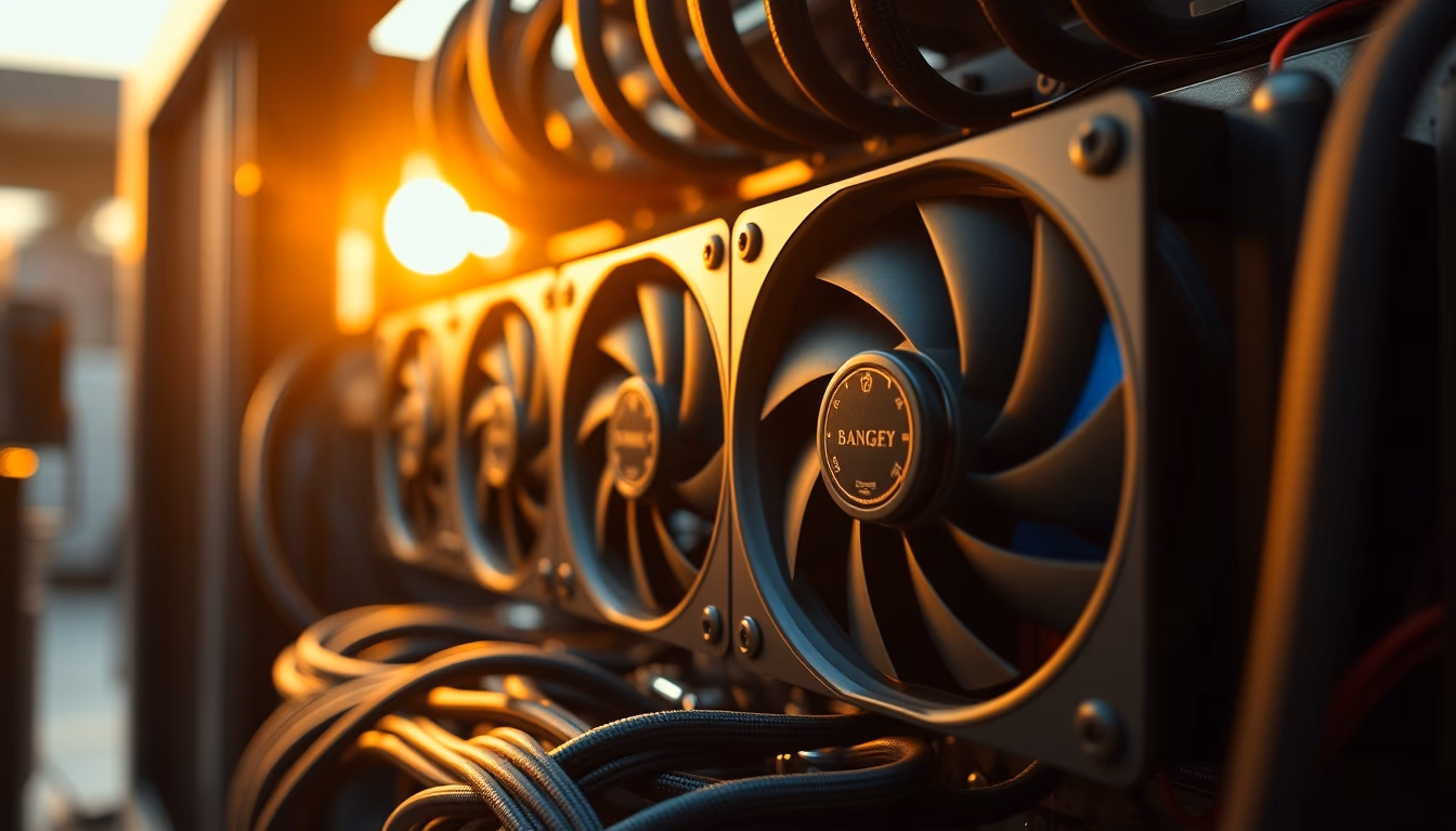 crypto mining rig with cooling fans macro in editorial style