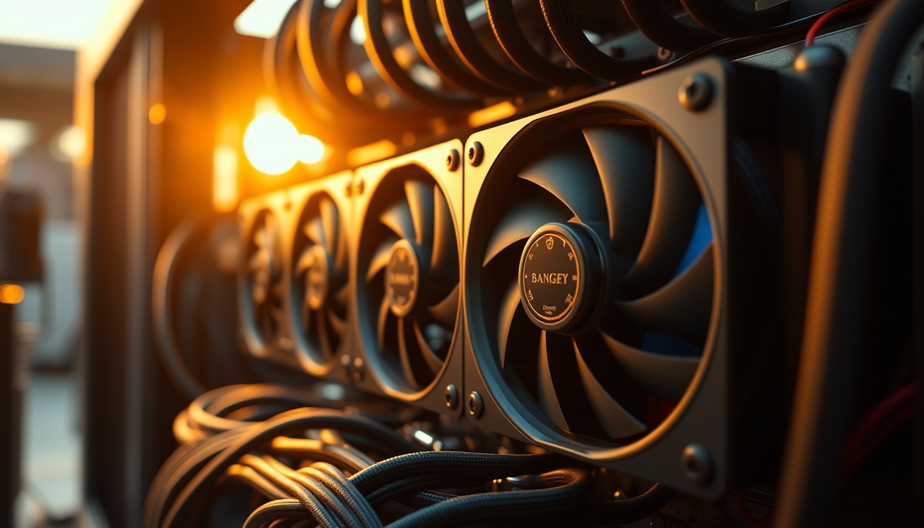 crypto mining rig with cooling fans macro in editorial style