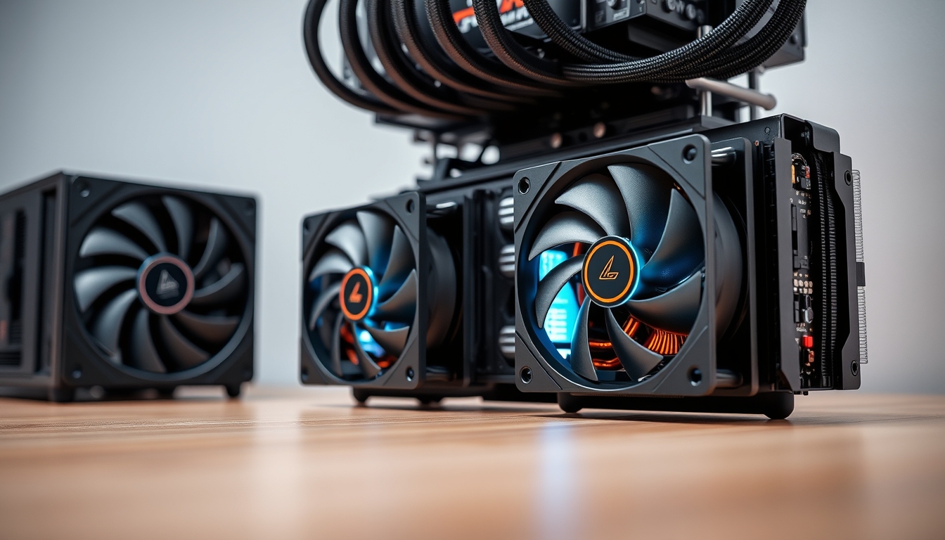 crypto mining rig with cooling fans macro in editorial style