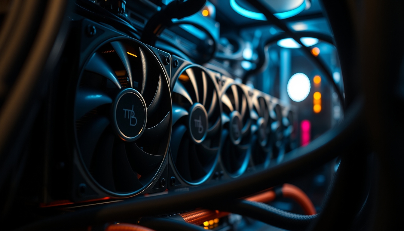 crypto mining rig with cooling fans macro in editorial style