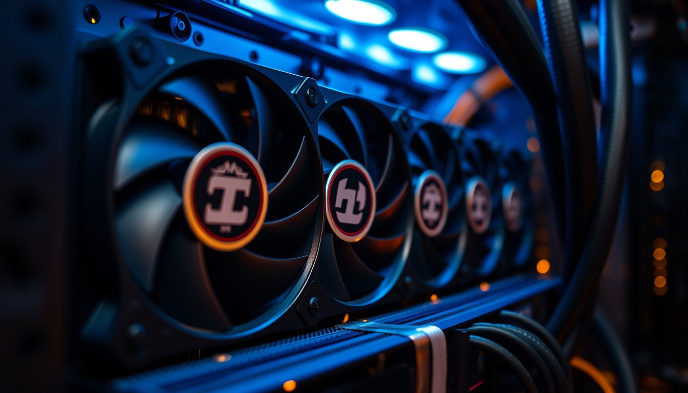 crypto mining rig with cooling fans macro in editorial style