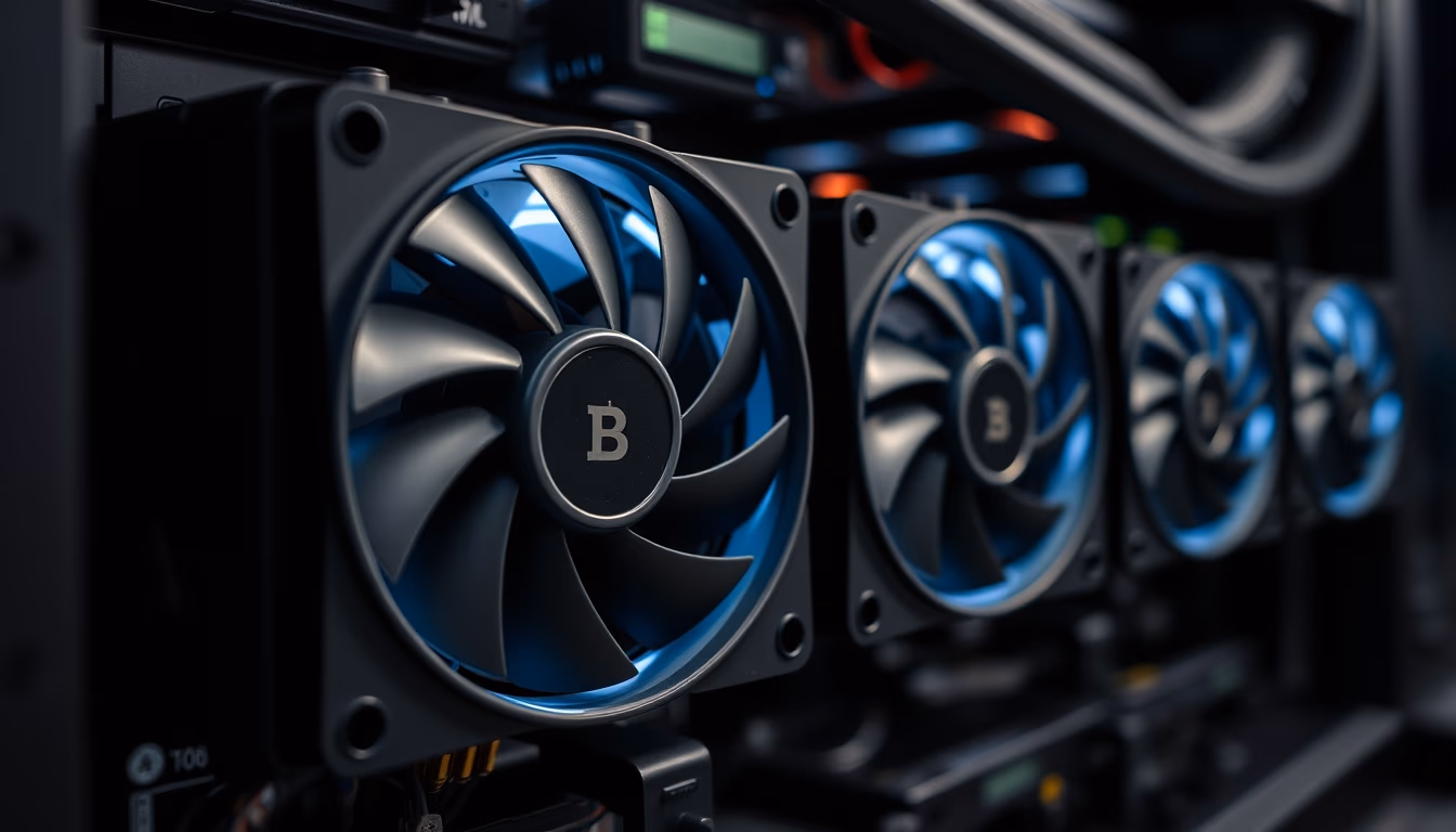 crypto mining rig with cooling fans macro in editorial style