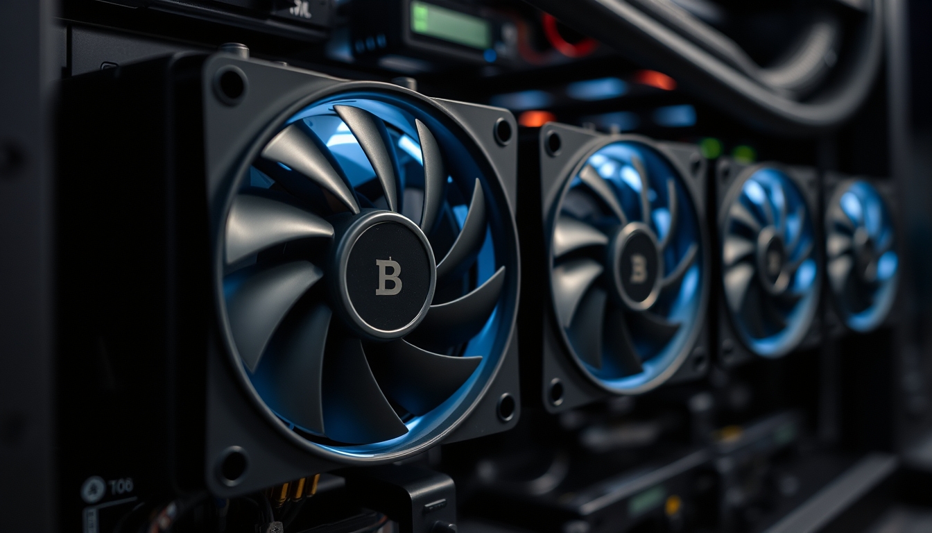 crypto mining rig with cooling fans macro in editorial style