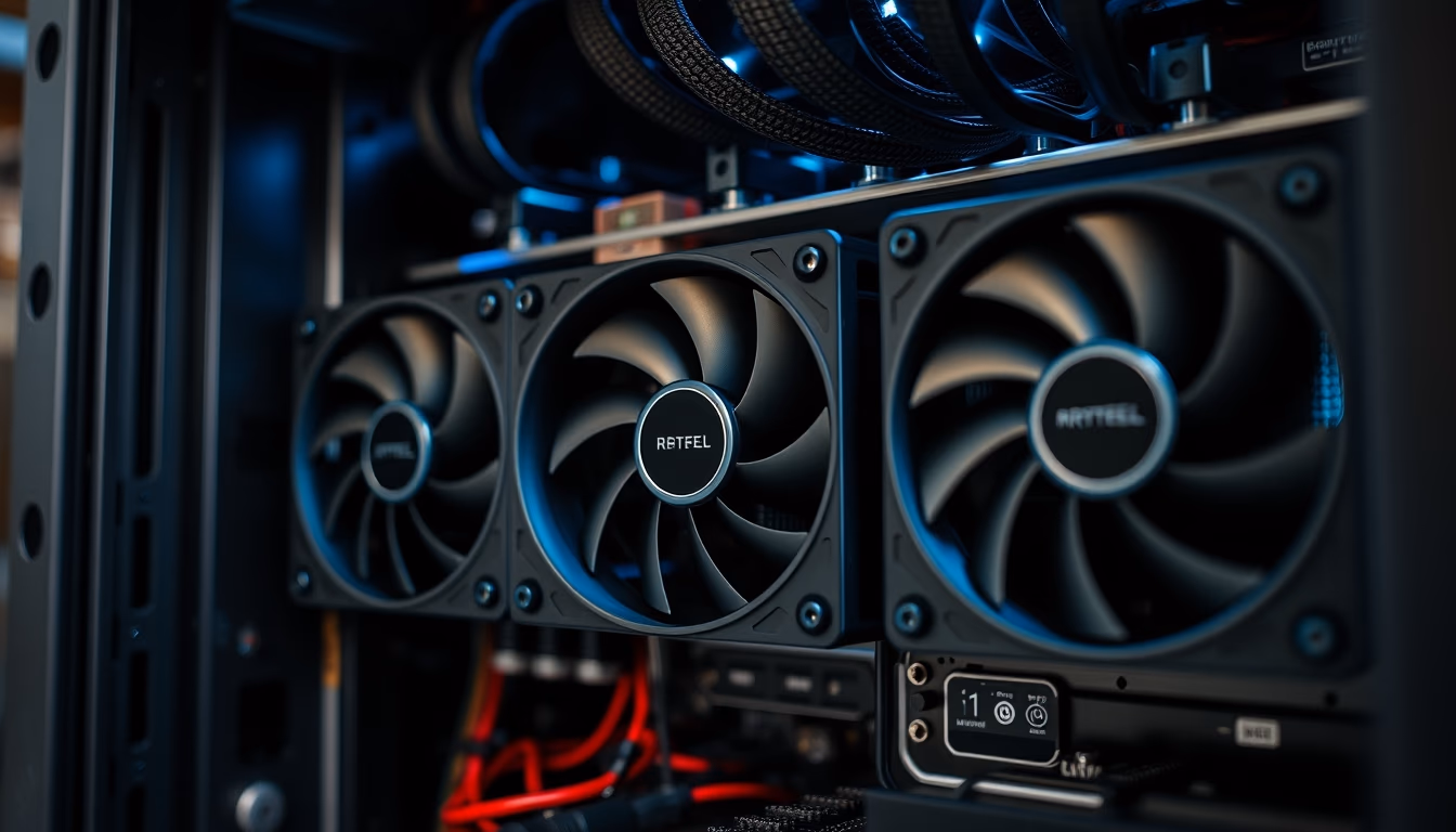 crypto mining rig with cooling fans macro in editorial style