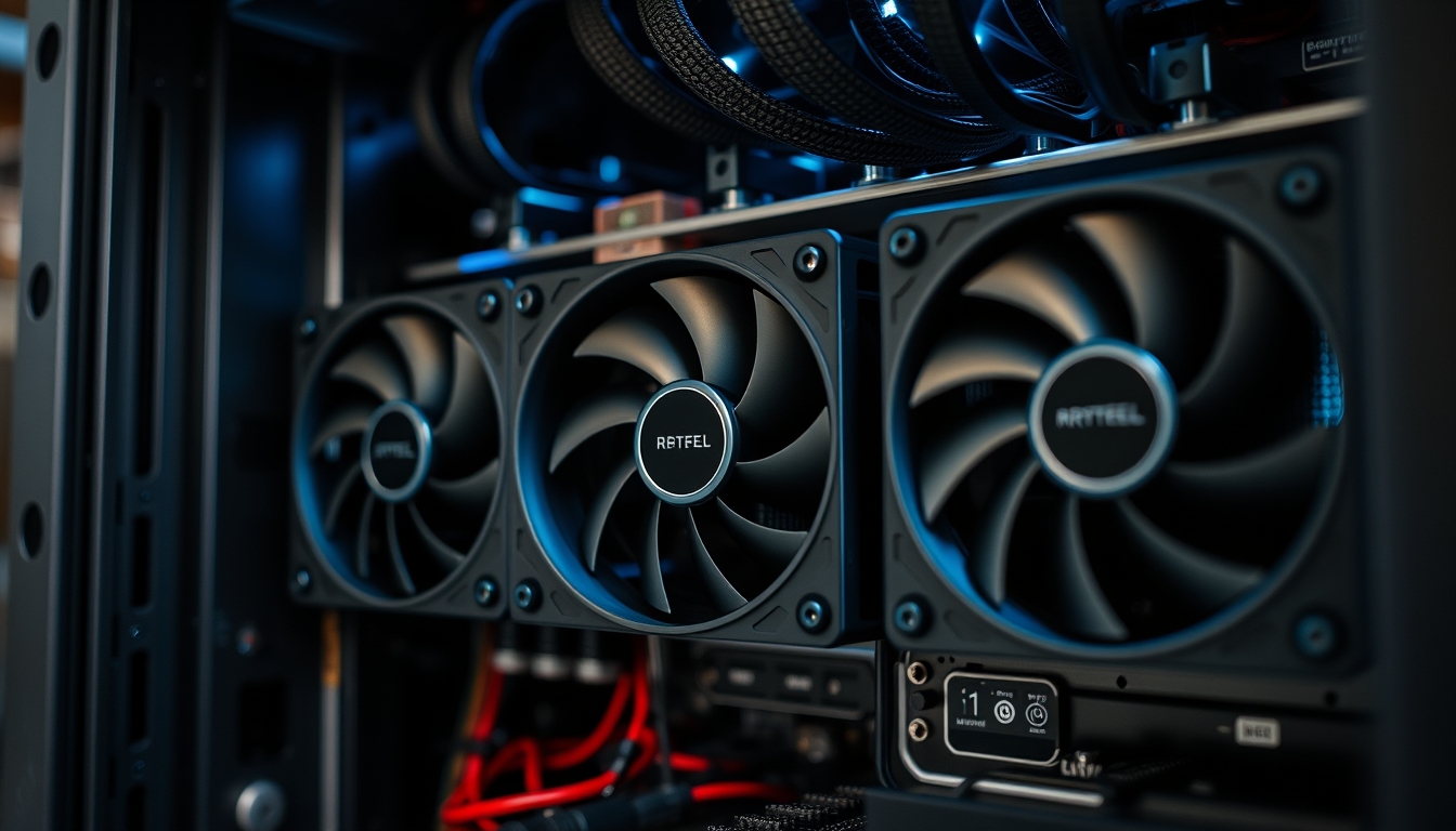 crypto mining rig with cooling fans macro in editorial style