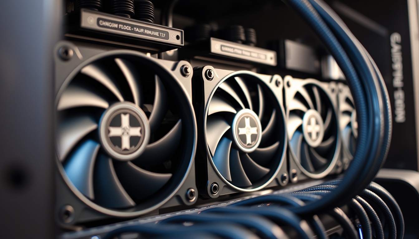 crypto mining rig with cooling fans macro in editorial style