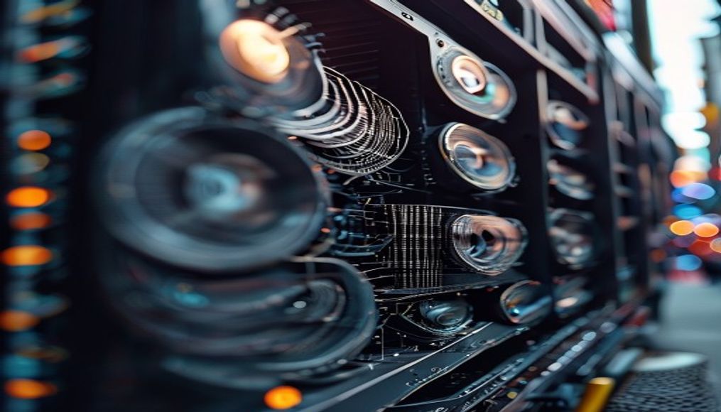 crypto mining rig with cooling fans macro in editorial style