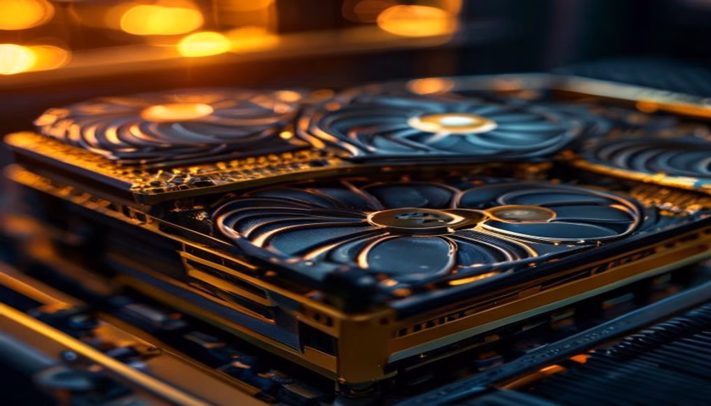 crypto mining rig with cooling fans macro in editorial style