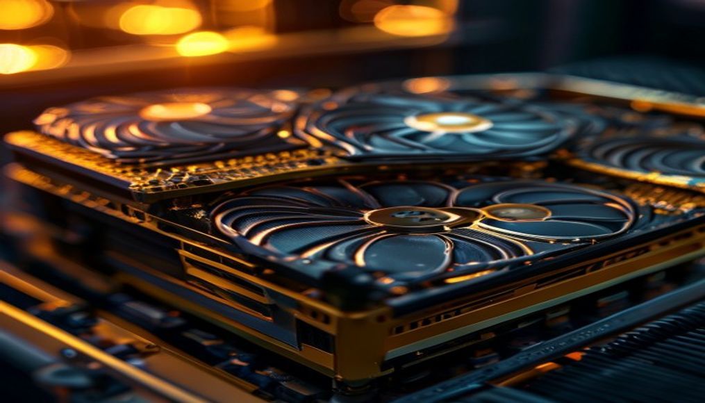 crypto mining rig with cooling fans macro in editorial style