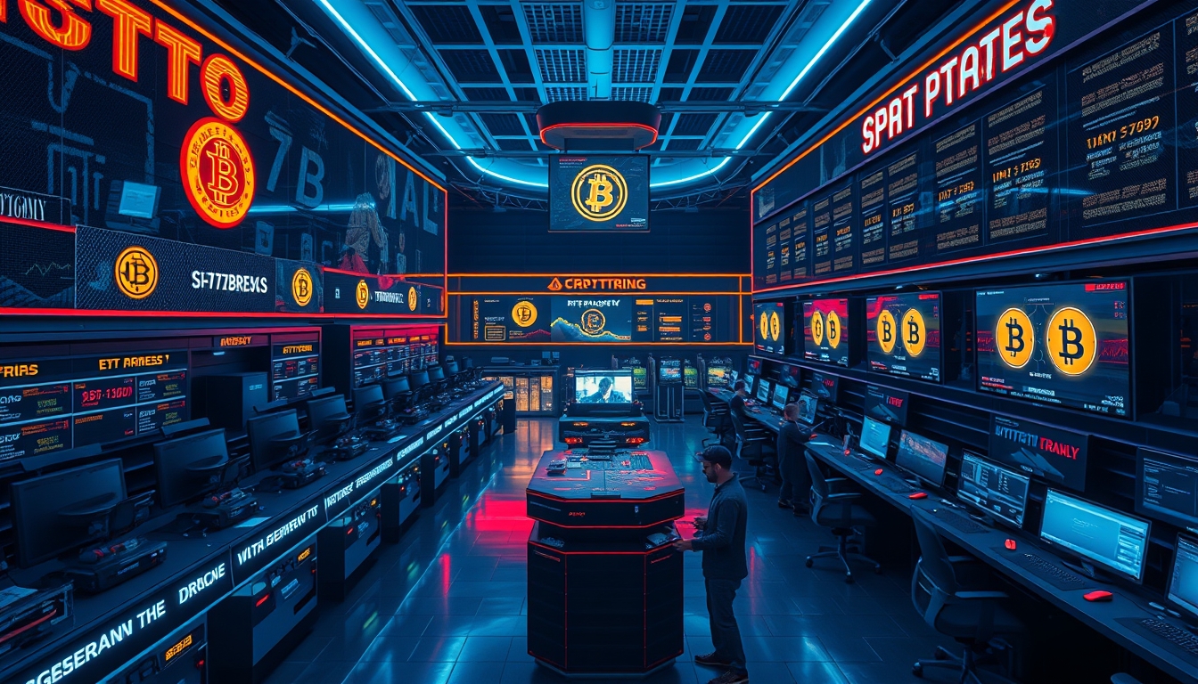crypto trading floor neon signs in editorial style