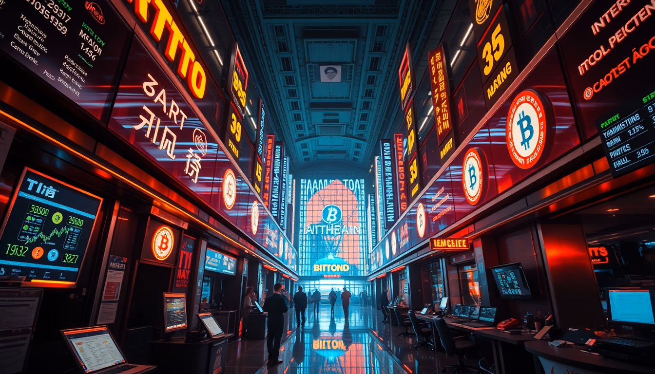 crypto trading floor neon signs in editorial style