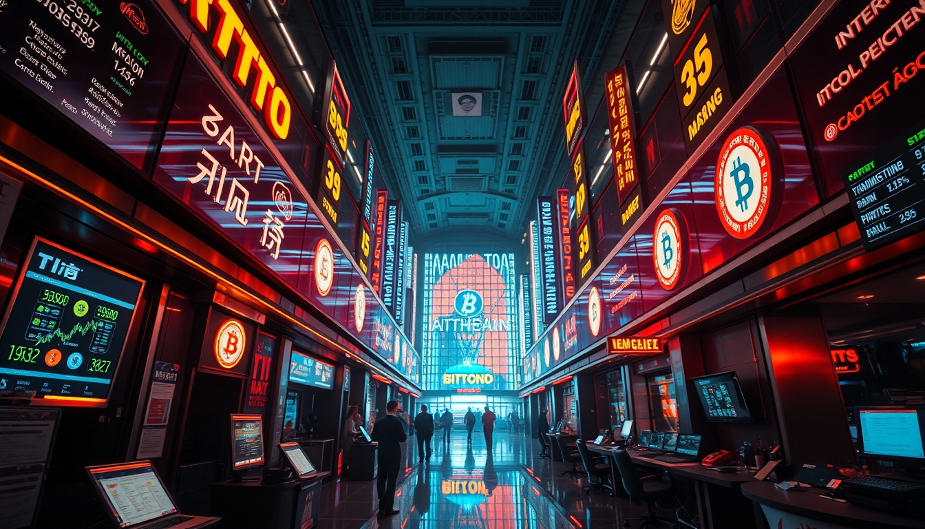 crypto trading floor neon signs in editorial style
