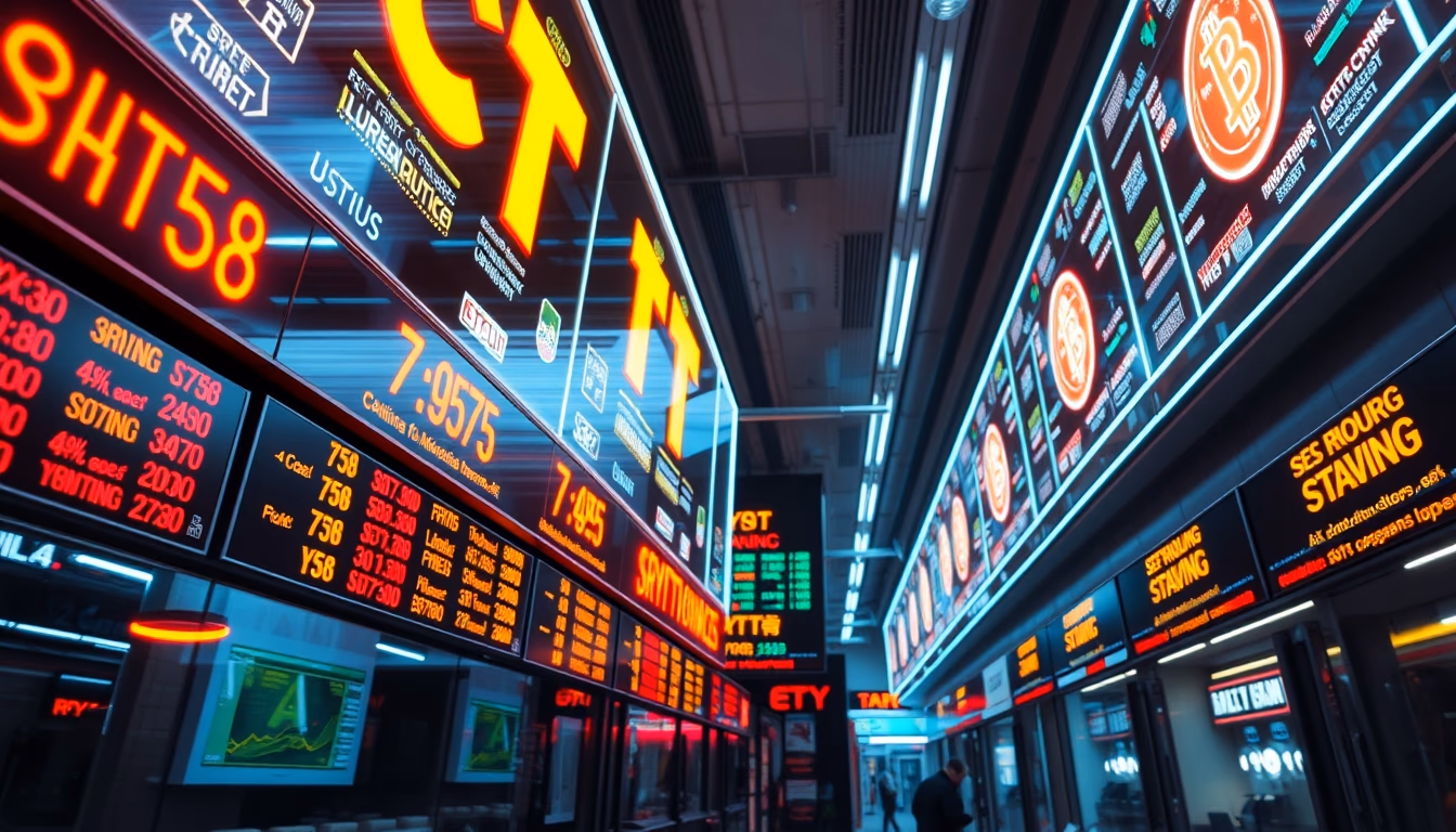 crypto trading floor neon signs in editorial style