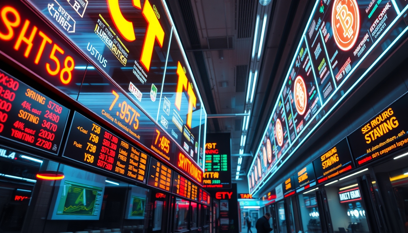 Crypto trading floor neon signs em estilo editorial