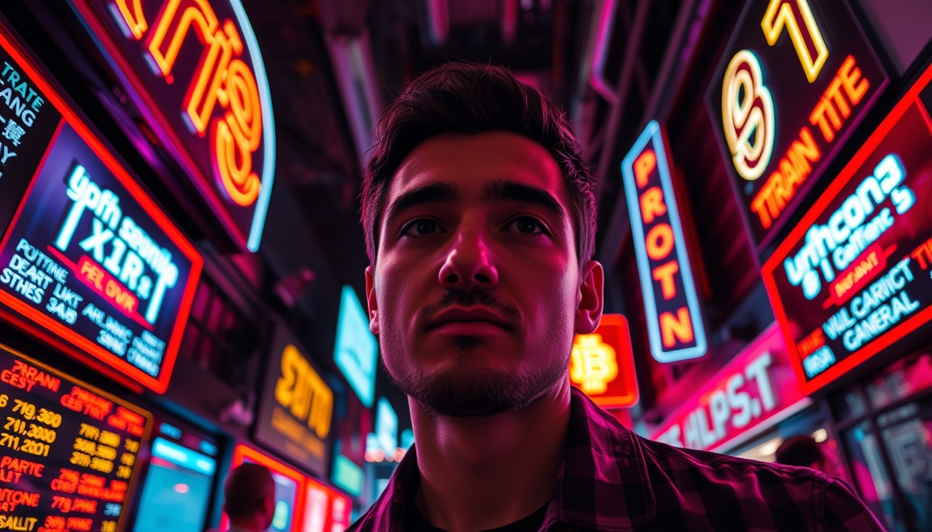 crypto trading floor neon signs in editorial style