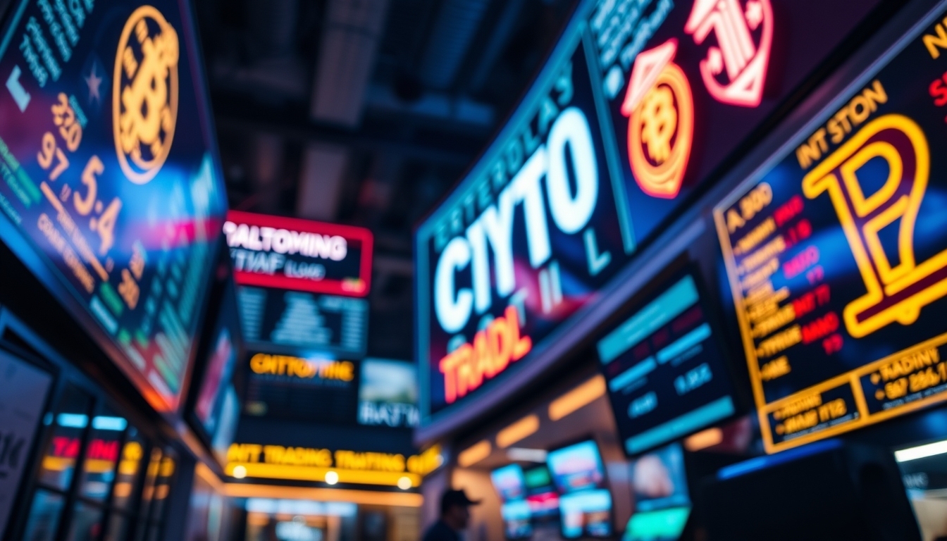 crypto trading floor neon signs in editorial style