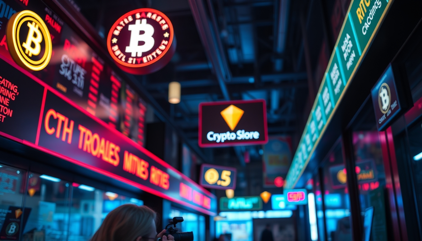 crypto trading floor neon signs in editorial style