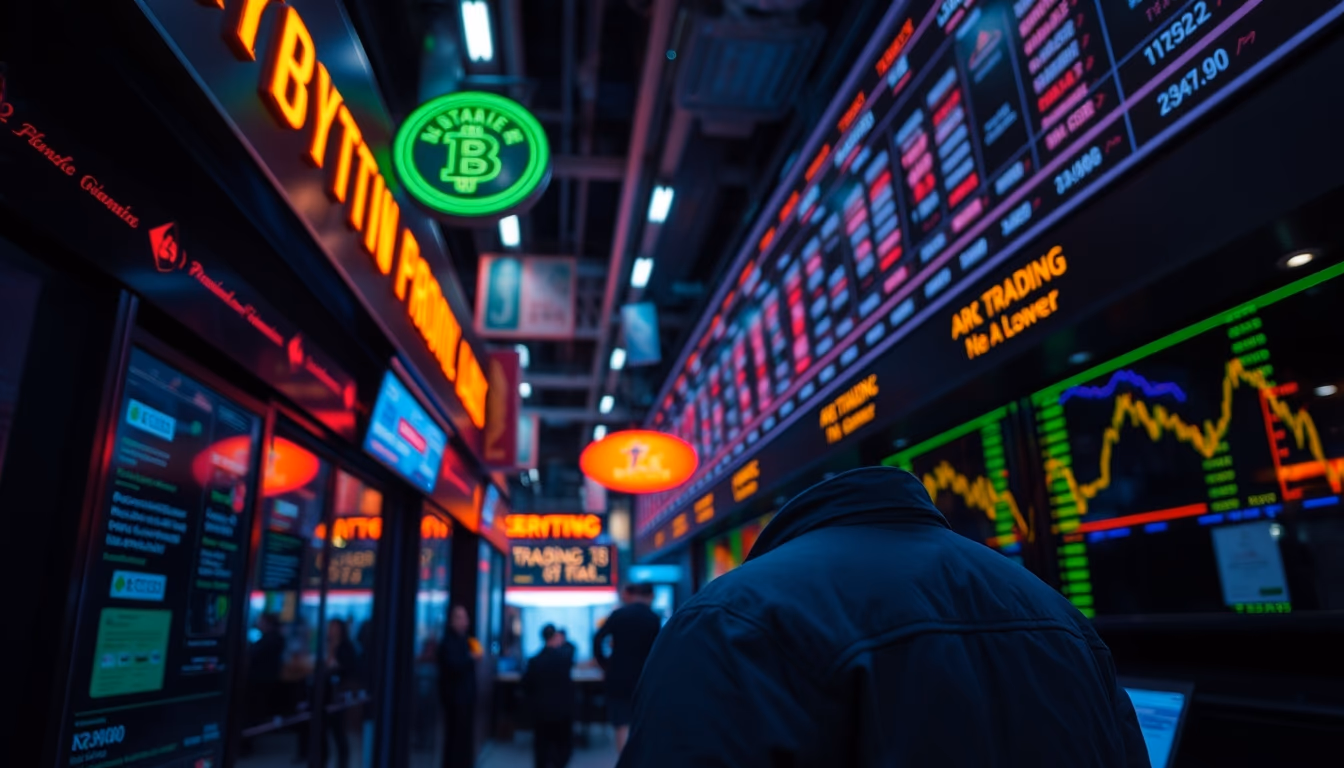crypto trading floor neon signs in editorial style