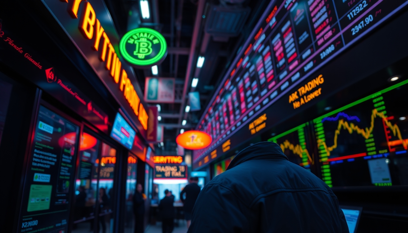 crypto trading floor neon signs in editorial style