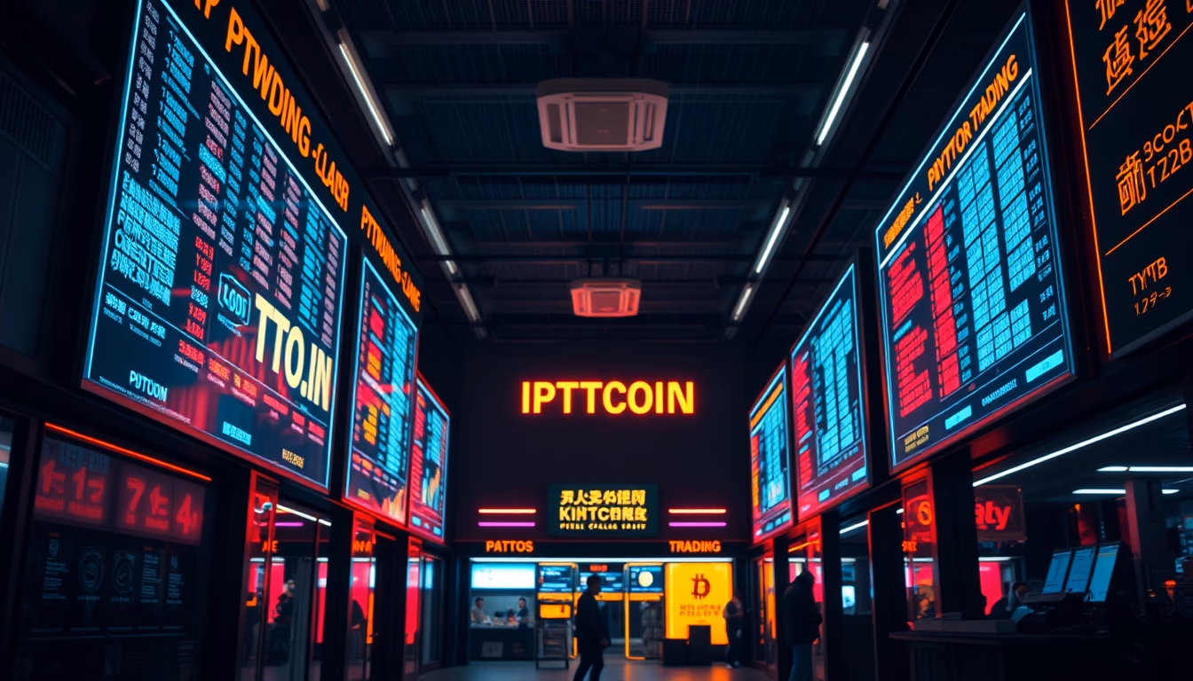 Crypto trading floor neon signs em estilo editorial