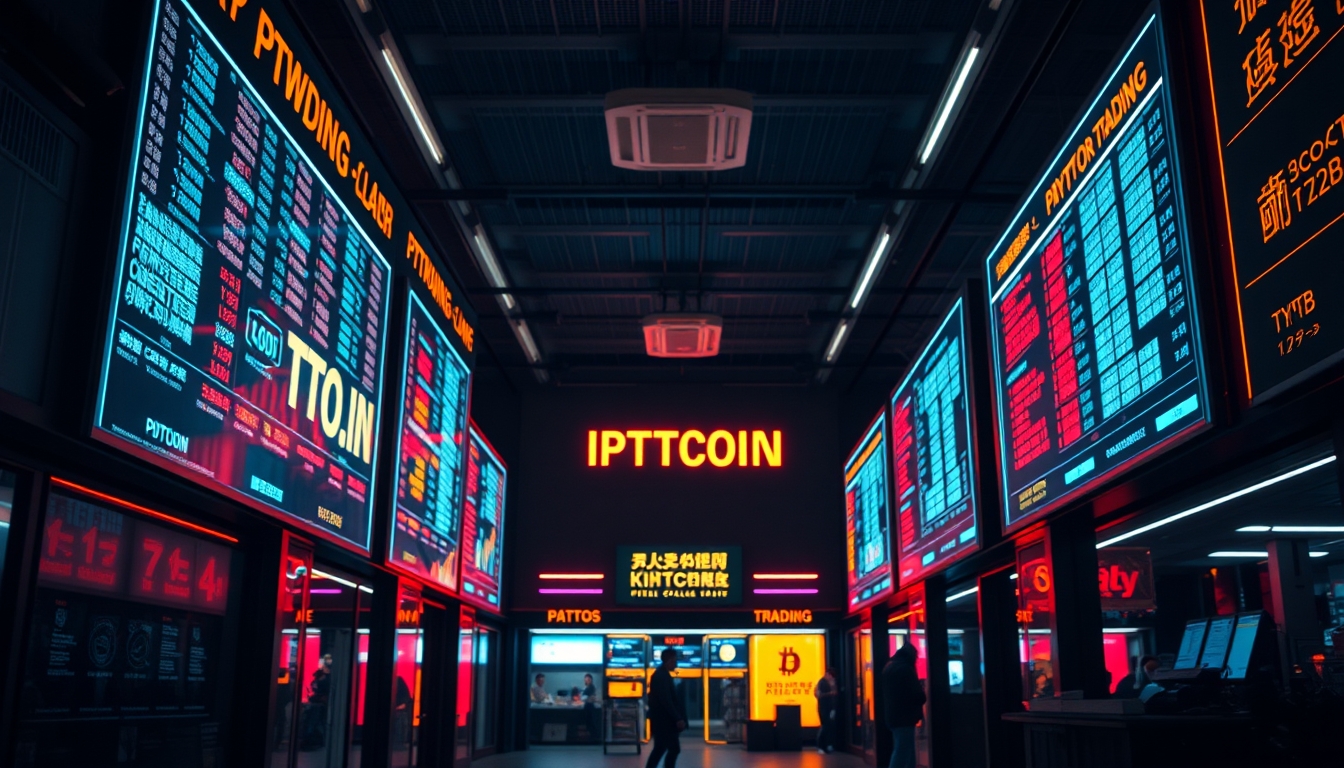 crypto trading floor neon signs in editorial style