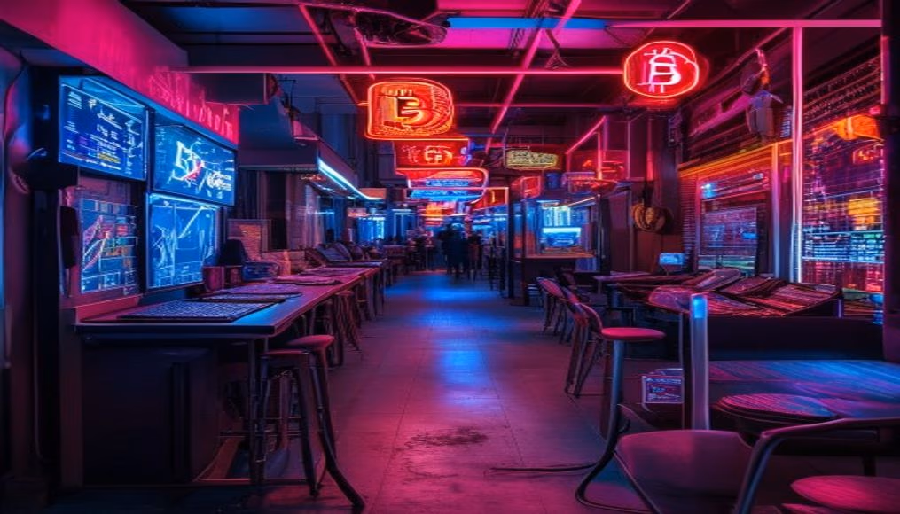 crypto trading floor neon signs in editorial style
