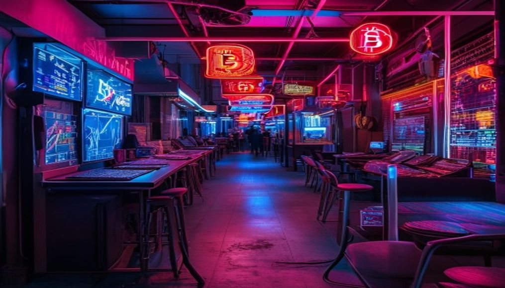 crypto trading floor neon signs in editorial style