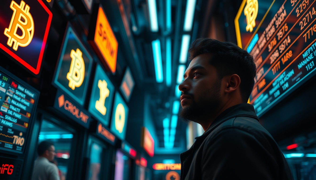 crypto trading floor neon signs in editorial style