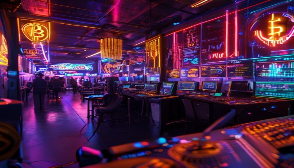 crypto trading floor neon signs in editorial style