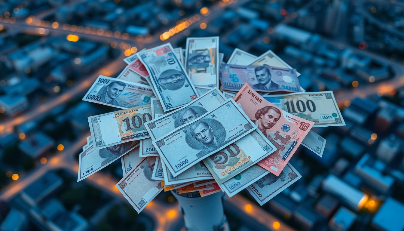 currency notes from around the world in editorial style