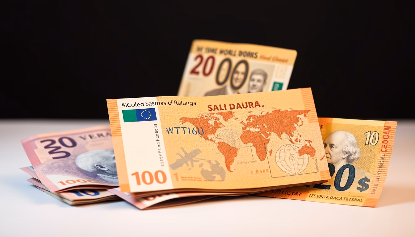 currency notes from around the world in editorial style