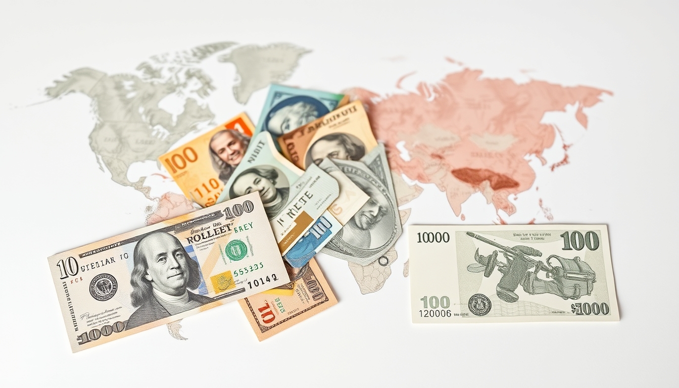 currency notes from around the world in editorial style