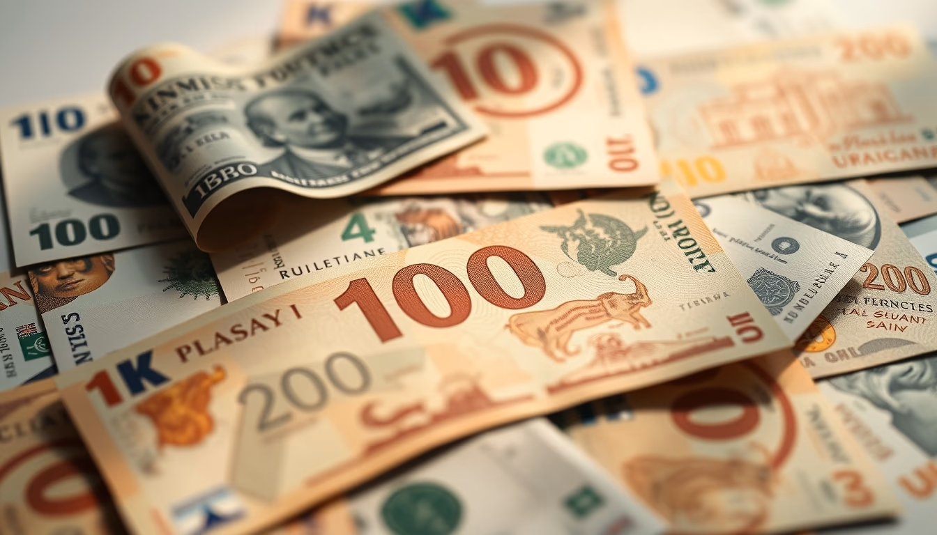 currency notes from around the world in editorial style