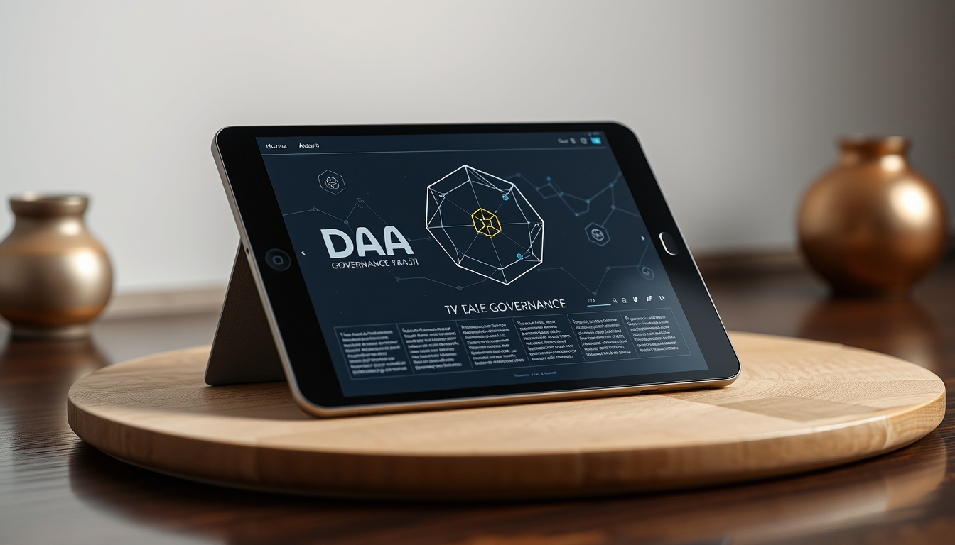 DAO governance interface on tablet em estilo editorial