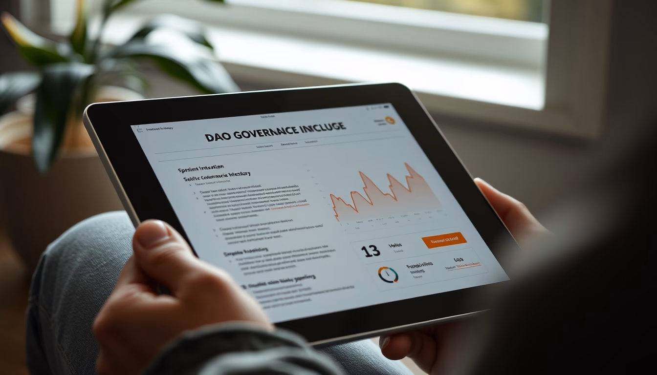 DAO governance interface on tablet in editorial style