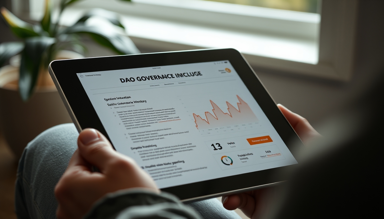 DAO governance interface on tablet in editorial style