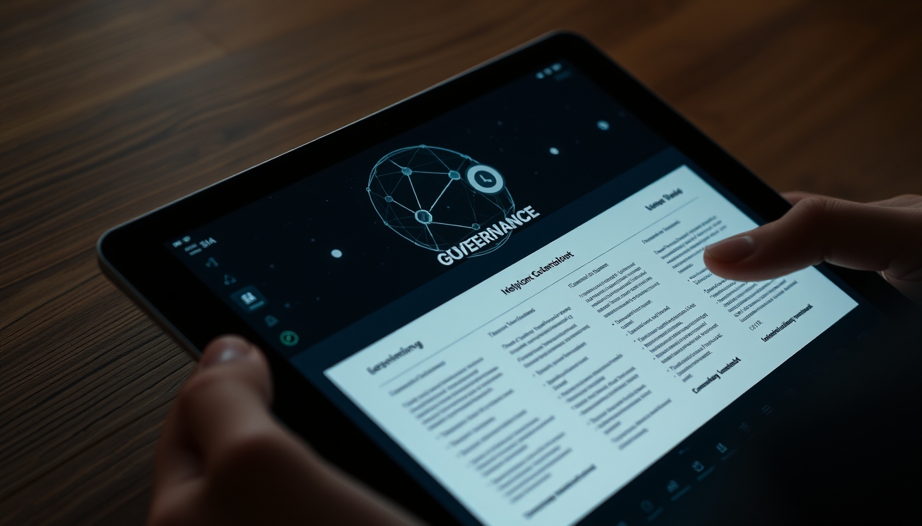 DAO governance interface on tablet in editorial style