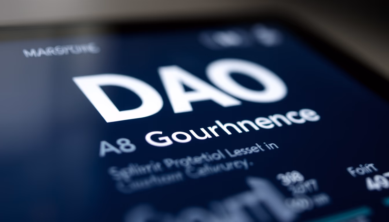 DAO governance interface on tablet em estilo editorial