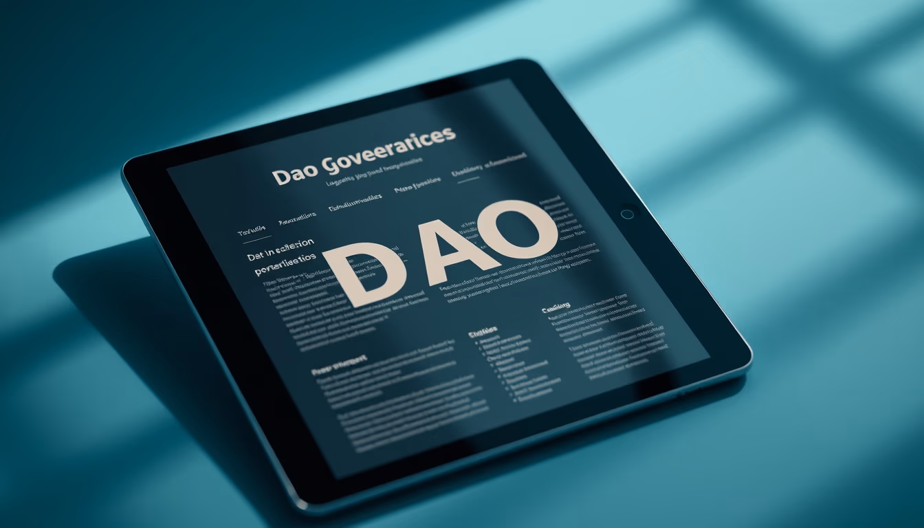 DAO governance interface on tablet in editorial style