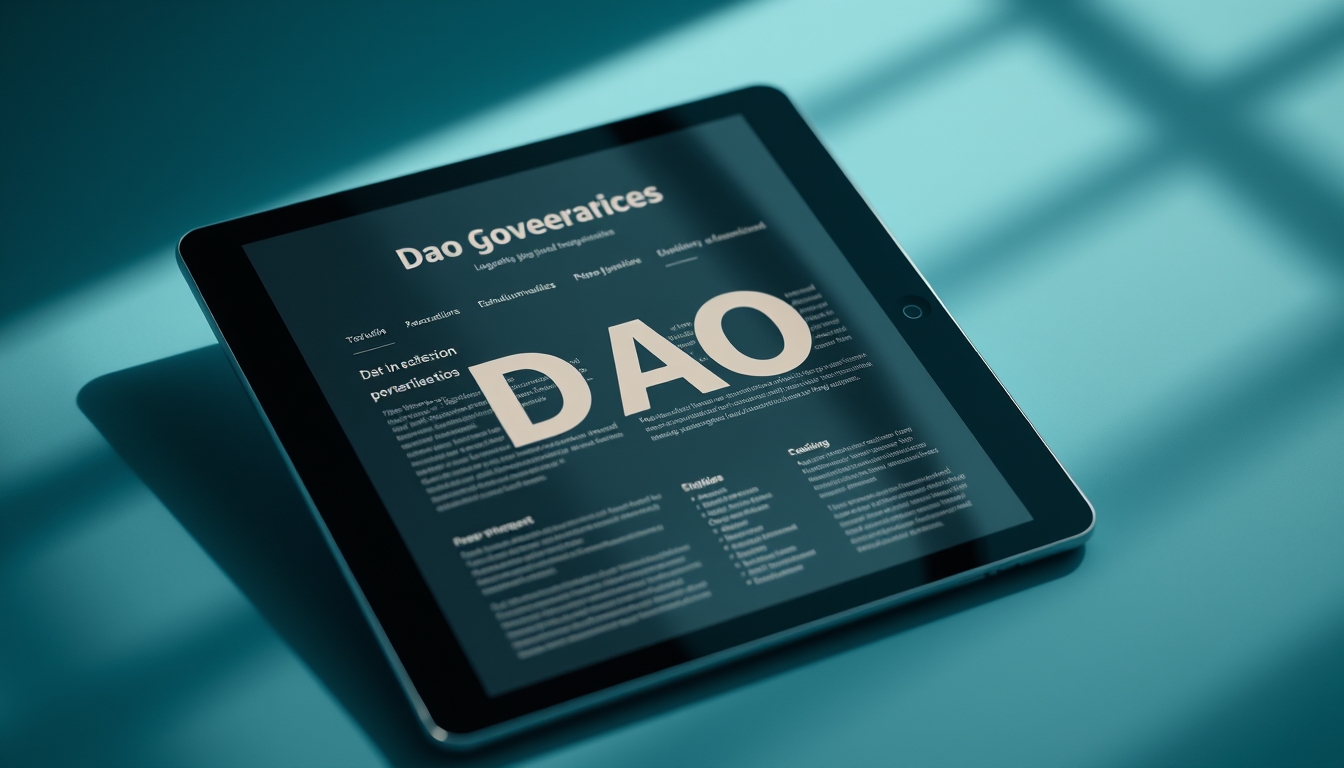 DAO governance interface on tablet in editorial style