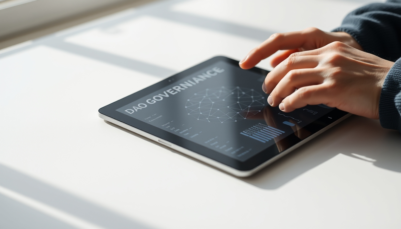 DAO governance interface on tablet in editorial style
